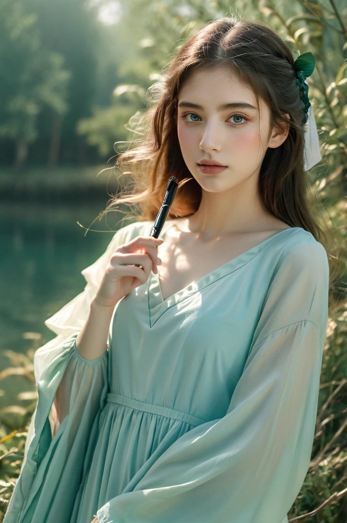 ( masterpiece, top quality, best quality,8k,17 years old girl,ultra detailed,raw photo:1.5),(photorealistic:1.4), (cinematic lighting), PerfectNwsjMajic, , Surrealism, UHD, ccurate, Super detail, textured skin, High detail, Best quality, dynamic angle, White skin,[Beautiful blue eyes], high nose,[flat chest:large breasts:0.5],(1girl),((good anatomy:0.5)), Dreamy atmosphere,expressive brush strokes, mystical ambiance, Artistic interpretation, Stunning Studio Ghibli style costumes, a whimsical illustration, Subtle colors and tones, mystical aura,