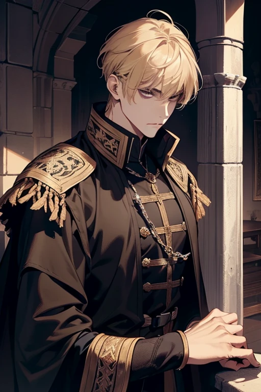 1 male, adult, blond hair with bangs, prince, black clothes, handsome, calm, beautiful, condescending, lean body, in a castle, medieval fantasy