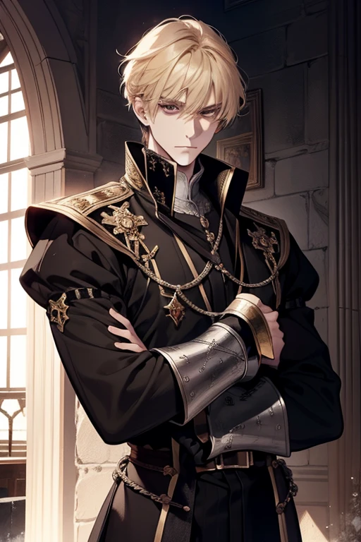 1 male, adult, blond hair with bangs, prince, black clothes, handsome, calm, beautiful, condescending, lean body, in a castle, medieval fantasy