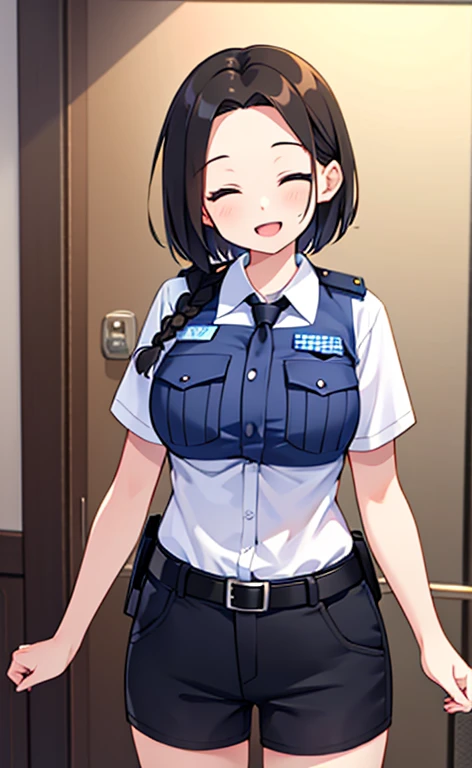 (masterpiece:1.4、top-quality、illustration:1.4,realistic、)、(character focus、breast focus,cowboy shot:1.3)、(1girl),(Open mouth happy smile:1.3),(half closed eyes),cute face,blue eyes、()、
,(stand:1.4),(Shining smile),
,(slender),(policewoman:1.3),(black short hair hair:1.6,forehead:1.3),(braid:1.3), (medium breasts:1.3)、
、slender、