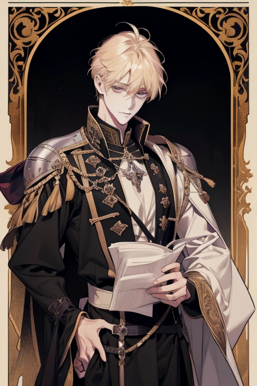 1 male, adult, blond hair with bangs, prince, black clothes, handsome, calm, beautiful, condescending, lean body, in a castle, medieval fantasy