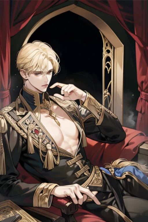 1 male, adult, blond hair with bangs, prince, black clothes, handsome, calm, beautiful, condescending, lean body, in a castle, medieval fantasy