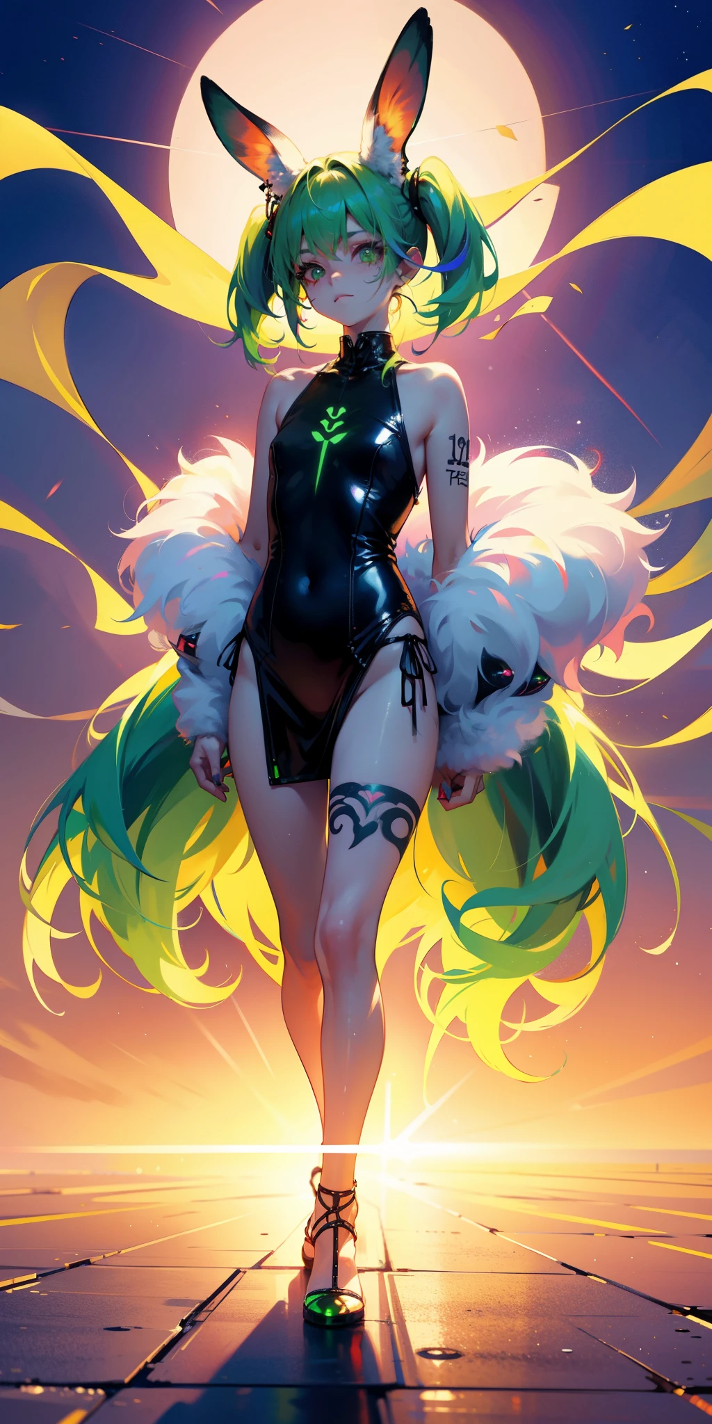 Rabbit technique , Science Fiction, Fluffy ,
1 girl, Tattoo, Glowing tattoo, Glowing eyes, Colorful glowing hair , Full body love, Green Hair,
Kawaiitech, Soft colors, Kawaii, Lovely colors,