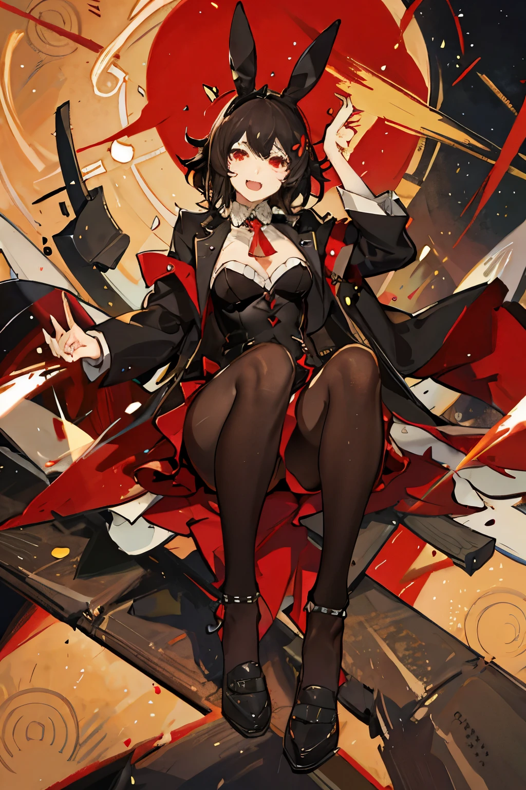 anime girl, bunny ears, short black hair, suit, red eyes, fangs
