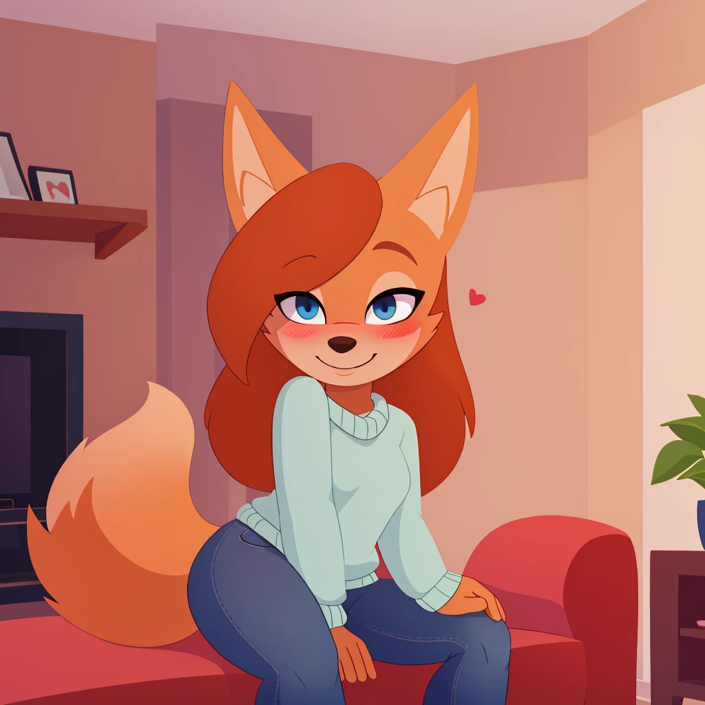 score_9, score_8_up, 1girl, solo, Whisper the wolf, blue eyes, blushing, sitting, living room, sweater, jeans, smile, closed mouth, cute, hearts, looking at viewer, lineless style, 2D