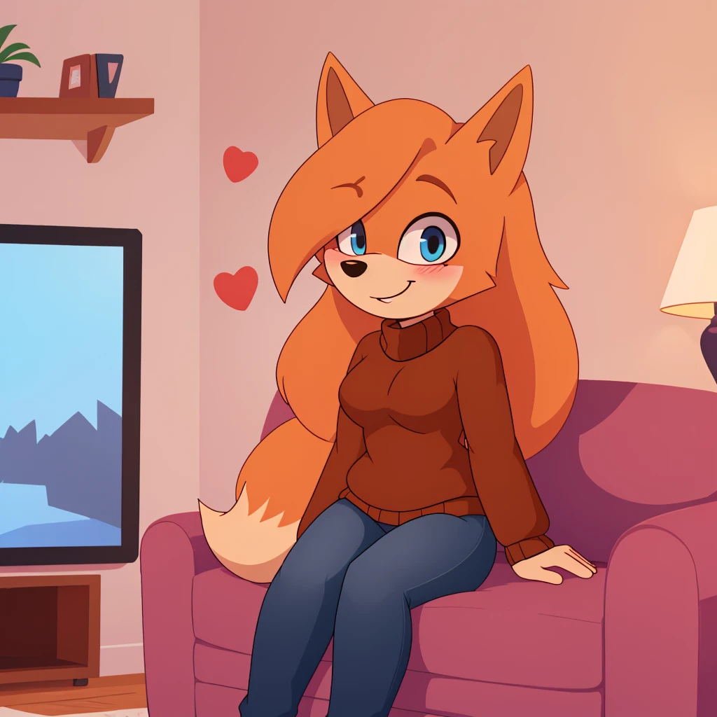 score_9, score_8_up, 1girl, solo, Whisper the wolf, blue eyes, blushing, sitting, living room, sweater, jeans, smile, closed mouth, cute, hearts, looking at viewer, lineless style, 2D