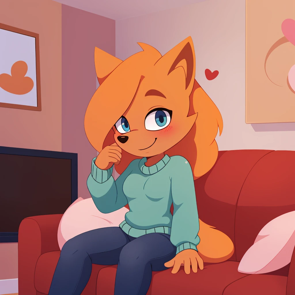 score_9, score_8_up, 1girl, solo, Whisper the wolf, blue eyes, blushing, sitting, living room, sweater, jeans, smile, closed mouth, cute, hearts, looking at viewer, lineless style, 2D