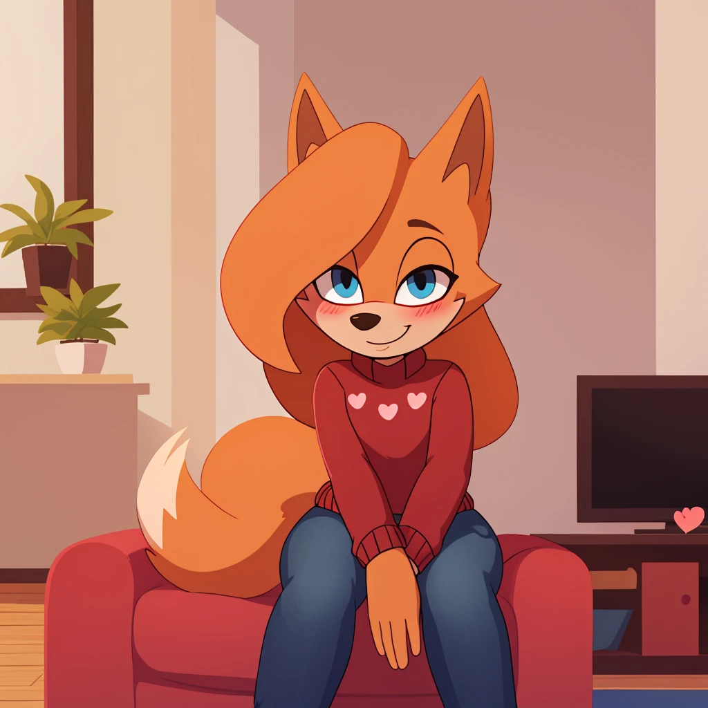 score_9, score_8_up, 1girl, solo, Whisper the wolf, blue eyes, blushing, sitting, living room, sweater, jeans, smile, closed mouth, cute, hearts, looking at viewer, lineless style, 2D