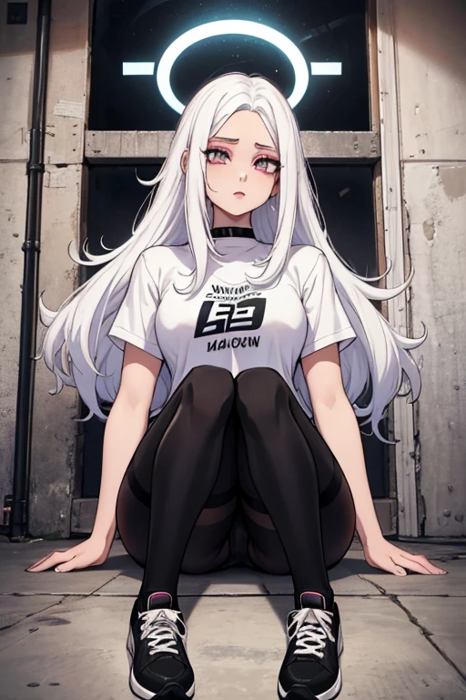 22 year old girl white skin almost talk white hair pink at the ends extremely long hair tight black pantyhose black sneakers white hair, cabelo entre os olhos, cabelo branco, boca fechada, franja, Messy hair