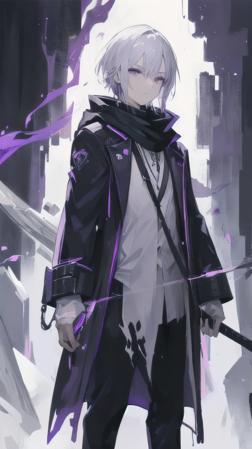 Man with silver hair, look handsome, white adventure cloth torn, black scarf, purple eyes, standing alone in a dark, purple aura, holding a 2 sword in hands, badass.
