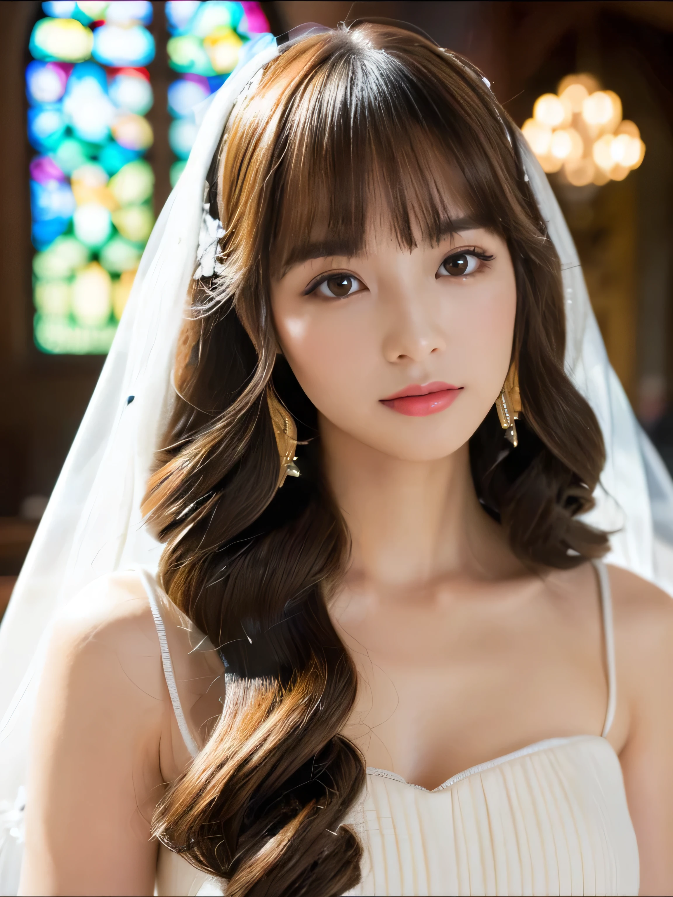 (Well organized full bangs and blunt bangs:1.4) (Her hairstyle is twin drills:1.6) (She is wearing a pure white shiny voluminous wedding dress.) (Photo of upper body from waist up) (JapaneseSoloPhotoshoot'The most beautiful 24 year old woman)) ((Her hair is incredibly curly、very long Very high quality, Shiny, Very long hair、beautiful, high quality, Very long hair, like silk Attention to detail、Pure brown high quality extremely long hair And that is'rich High quality and highly detailed)) ((最high quality)), ((masterpiece)), (familiar) (Get used to it) Perfect Face (Her skin is a typical Japanese skin color.. Highly detailed skin texture) (Big Breasts:1.3) (She has a beautiful face and a typical Japanese figure.., Narrow eyes.) (She has perfect beautiful makeup and face Lipstick is light red A solid eyeliner) ((rich 1.4)) (Extremely detailed 8K) (Stable Diffusion Model) (Ultra-fine skin texture 1.4) (Actual, Vibrant:1.4), double eyelid Sharp focus:1.2、beautiful woman:1.4 Dynamic Lighting (Genuine RAW photos taken by professional photographers) (Turn your whole body to the viewer) Professionally lit from the front (her hair is light brown) (her hair is light brown) (her hair is light brown) (She has a sensual look) (In a church with professional lighting、You can see the stained glass.) (She does random sexy poses) (A wedding veil that reveals your face)