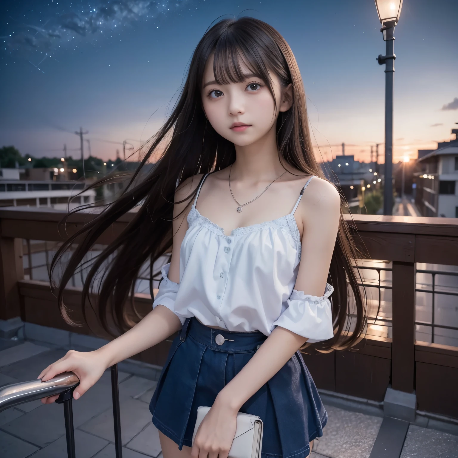 Beautiful images、beautiful image、nigh sky、shooting stareteor swarm、Teen Girls、Black eyes、length hair、look up sky、japanes、hi-school girl、Camisole、Fluttering miniskirt、