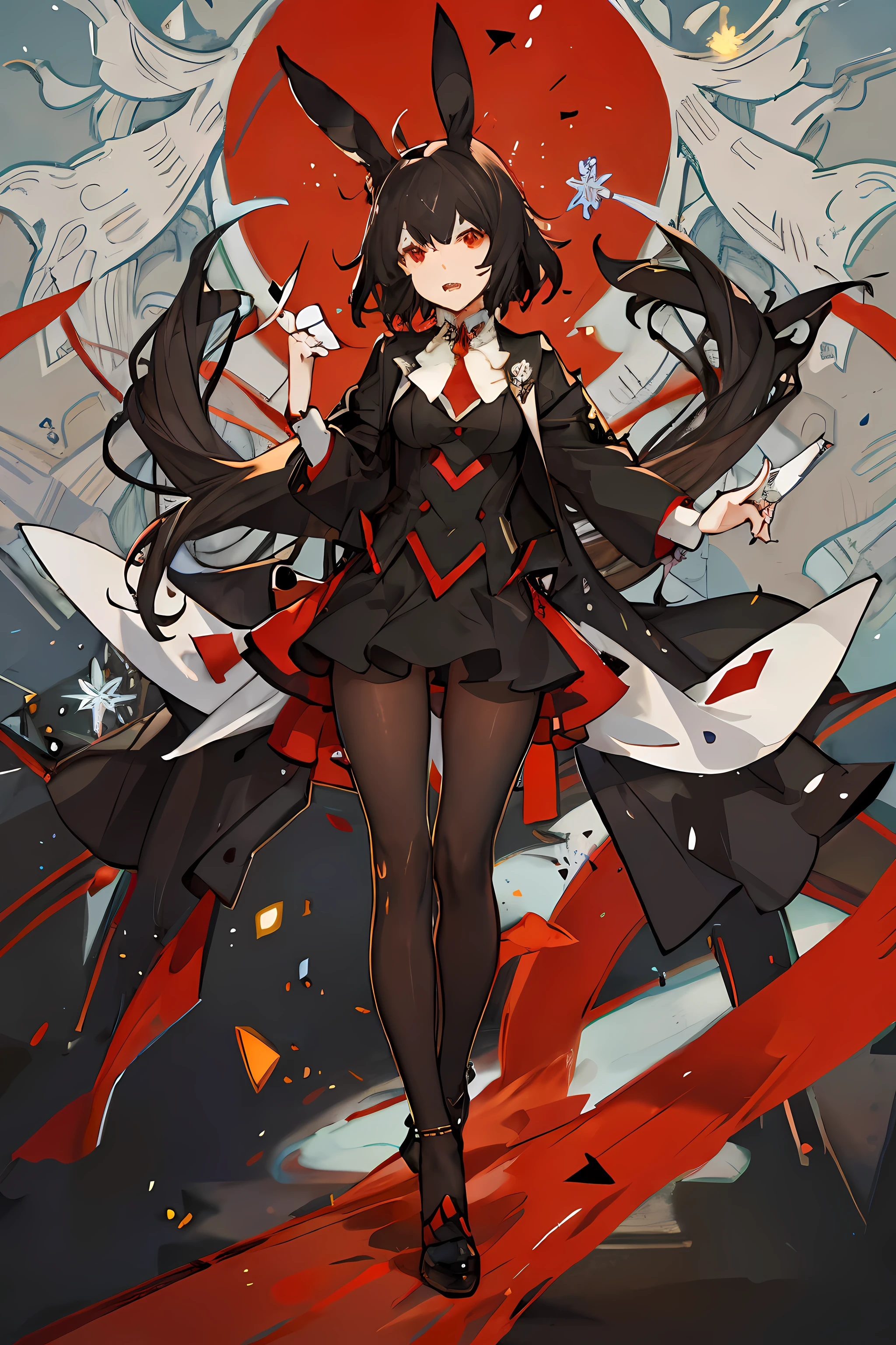 anime girl, bunny ears, short black hair, suit, red eyes, fangs