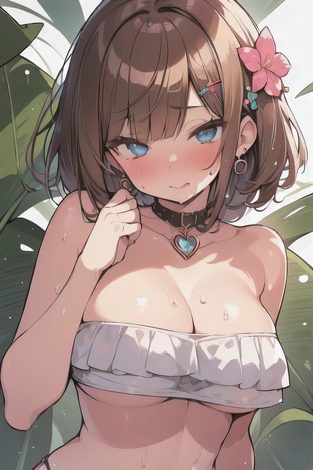 (best quality), (Super detailed), (Best Illustration), (woman), look at viewer, (Ahegao:1.2), (bandeau bikini), (large Breasts:1.2), {brown hair, (bob cut:1.2), curly hair, hairs between eyes}, {(detailed eyes), heart-shaped pupils, blue eyes}, blush, sweat, steam, earrings, (flower hair ornaments),