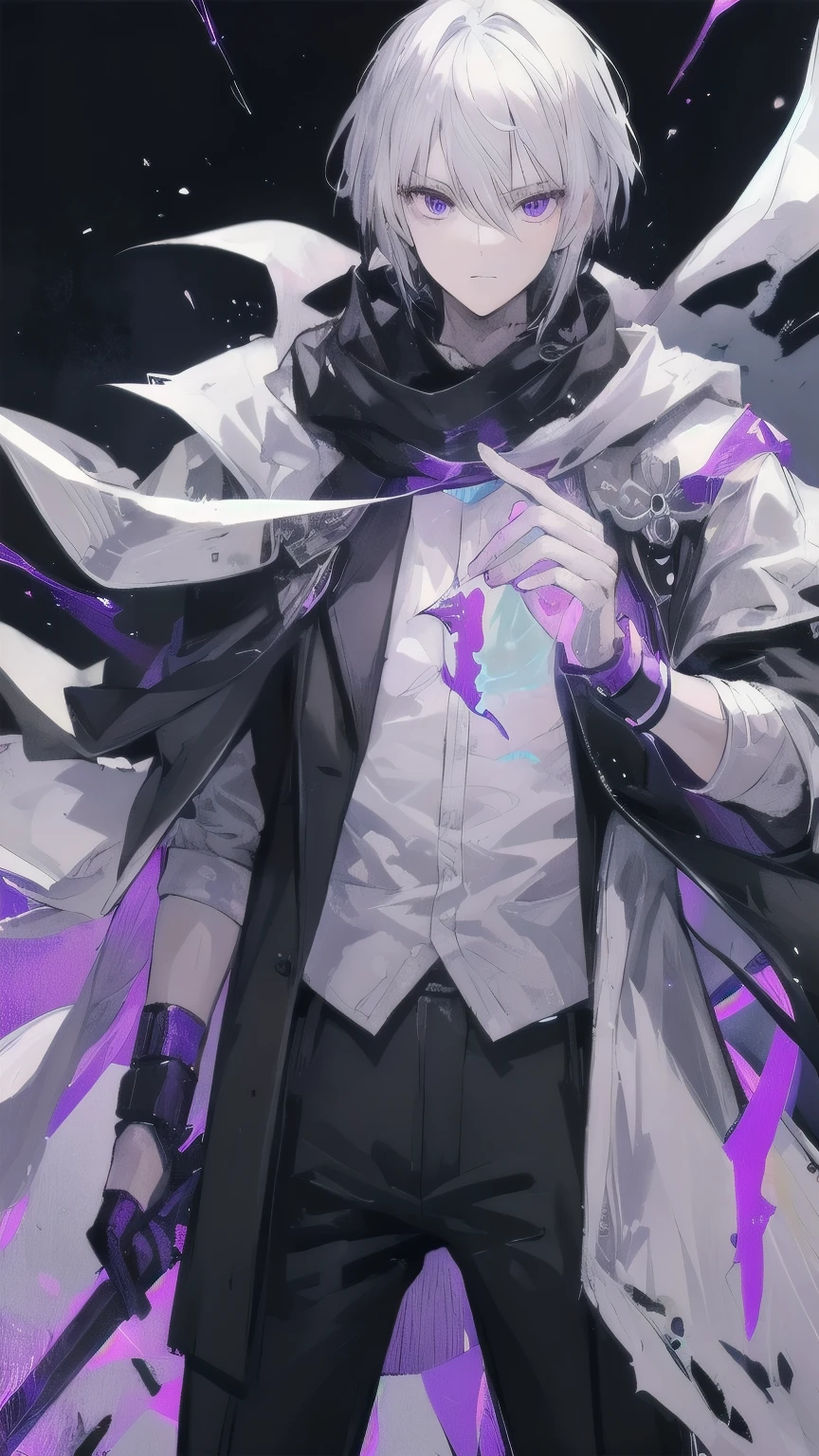 Man with silver hair, look handsome, white adventure cloth torn, black scarf, purple eyes, standing alone in a dark, purple aura, holding a 2 sword in hands, badass.