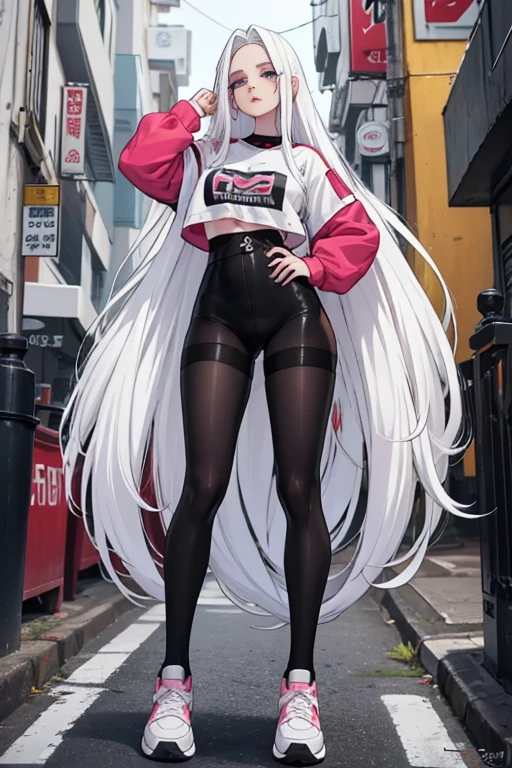 22 year old girl white skin almost talk white hair pink at the ends extremely long hair tight black pantyhose black sneakers white hair, cabelo entre os olhos, cabelo branco, boca fechada, franja, Messy hair