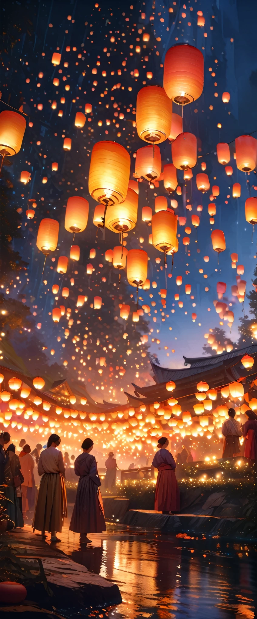 (floating lanterns in the sky, flowing like a river) 

(best quality,4k,8k,highres,masterpiece:1.2),ultra-detailed,(realistic,photorealistic,photo-realistic:1.37),HDR,UHD,studio lighting,ultra-fine painting,sharp focus,physically-based rendering,extreme detail description,professional,vivid colors,bokeh,landscape,soft and warm color tones,gentle and dreamy lighting,natural and serene ambiance,serene and tranquil atmosphere,peaceful and enchanting scenery,nighttime,celebration,traditional festival,lively and joyful scene,flowing water,reflection,ethereal glow,dancing lights,graceful movement,harmonious arrangement,symmetrical composition,festivity and happiness,community gathering,sparkling lanterns,soft and gentle breeze,flickering candles,magical and enchanting moment,surreal and otherworldly experience,outdoor event,joyous and vibrant colors,traditional and cultural symbolism,suspended in mid-air,celestial beauty,serene river,illuminated pathways,harmony between nature and human creations,reminiscent of a fairytale,peace and tranquility,harmonious and unified display of lanterns,vivid and striking contrast,majestic and awe-inspiring景