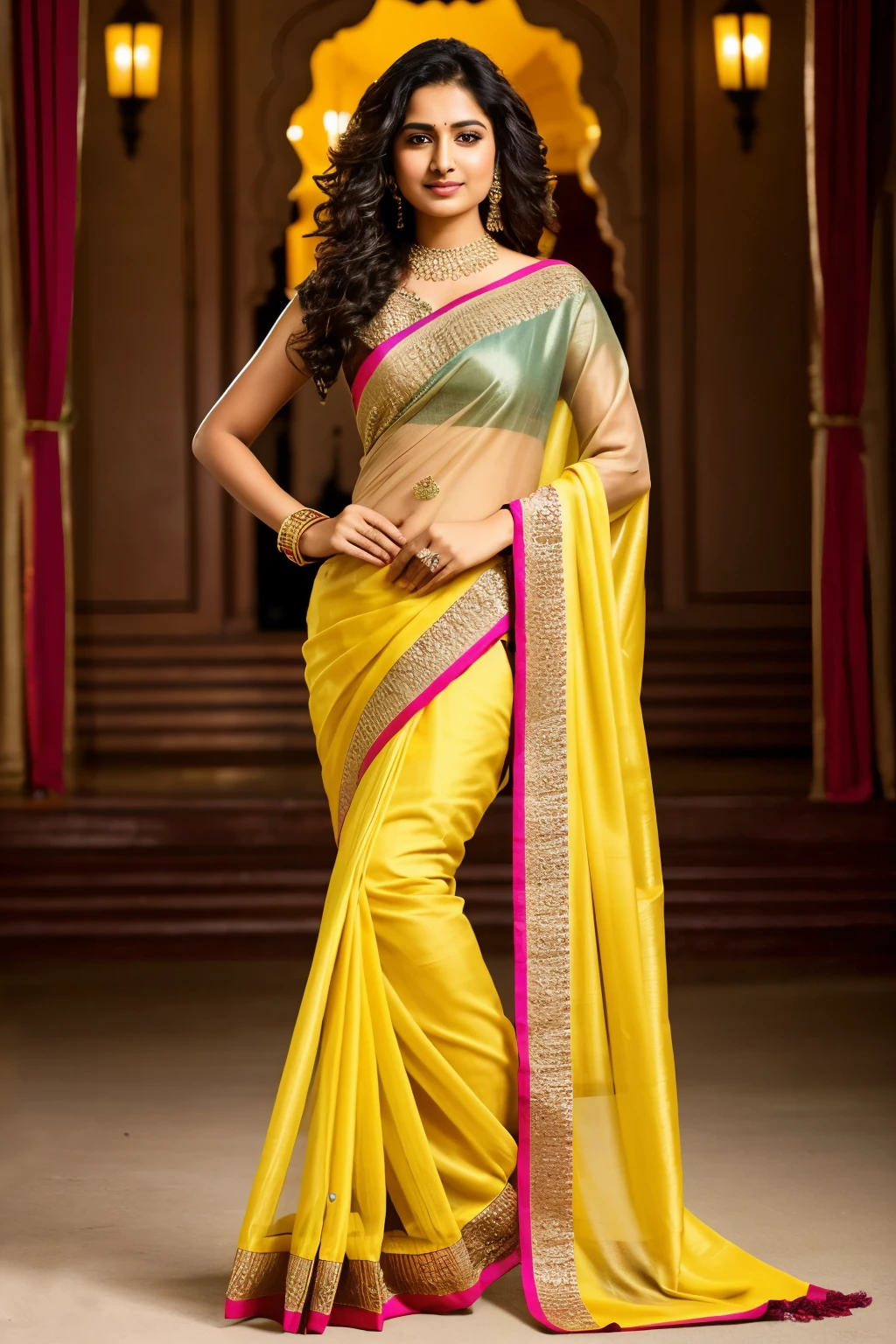 Create an realistic image of a beautiful women in saree having perfect body. She should be exposing her toned belly. Her navel should be big, round and deep.

Color of her saree should be back 