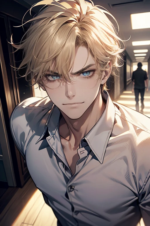 (tmasterpiece, high resolution, ultra - detailed:1.0), (1 boy, Young male, masculine face), Perfect male body, tall and strong, Adult male, Delicate eyes and delicate face, Extremely detailed CG, Unity 8k wallpaper, Complicated details, Detailed face, (blond hair, messy hair, serious faces, white shirts,Bad students), (frown,evil smile:1.3), stad in school corridor, street style, color difference, Depth of field, dramatic shadow, Ray tracing, Best quality, Cinematic lighting, offcial art,Portrait