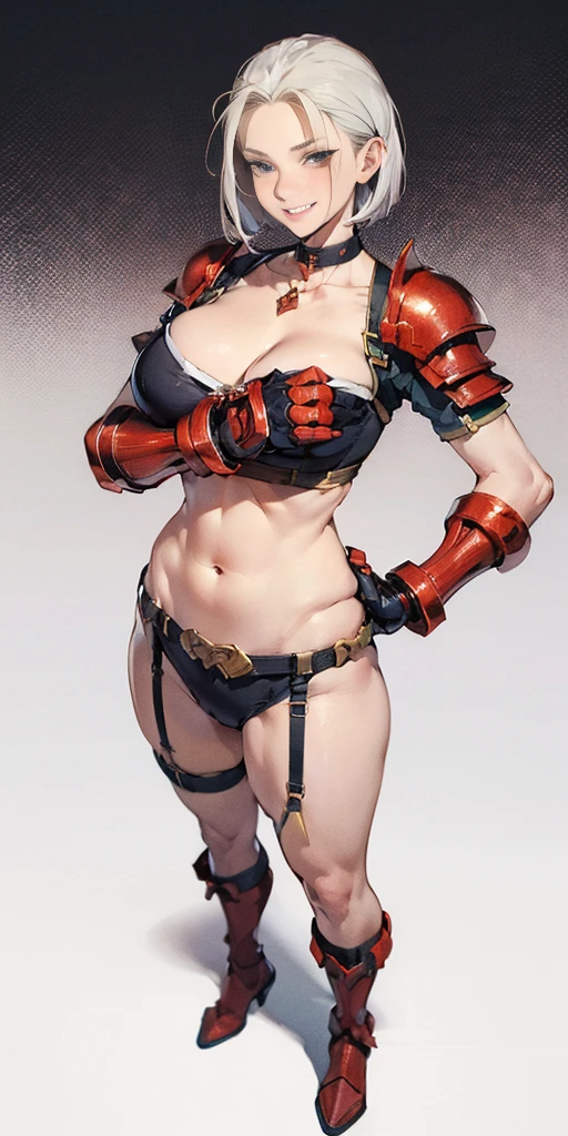 ((Plain background 1:2)) (Cammy White Street Fighter, white silver short bob haircut) female full body standing straight symmetrical loincloth, frontal position looking at viewer, golden armored (breastplate, choker, bracers, handcuffs, shackles, rerebrace, high boots, bootstraps, garter belt, huge belt, faulds, poleyn, gloves, gauntlets), lustful smirking smile face red blushed red cheeks, (hands (clenching) on hips)