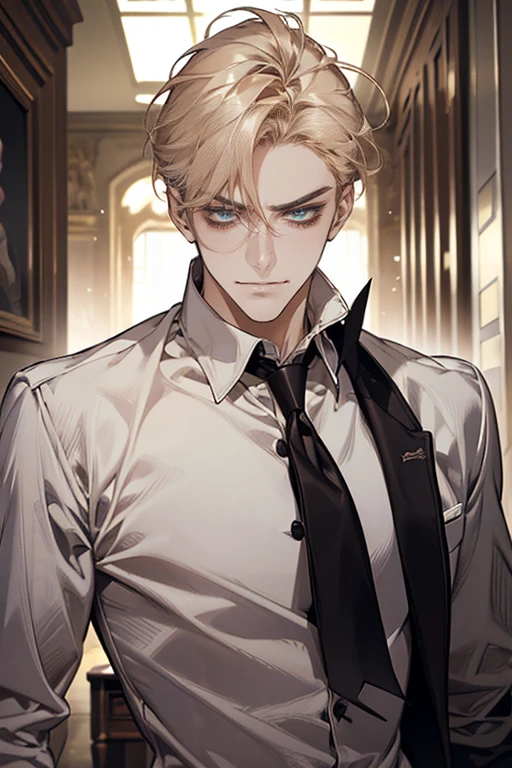 (tmasterpiece, high resolution, ultra - detailed:1.0), (1 boy, Young male, masculine face), Perfect male body, tall and strong, Adult male, Delicate eyes and delicate face, Extremely detailed CG, Unity 8k wallpaper, Complicated details, Detailed face, (blond hair, messy hair, serious faces, white shirts,Bad students), (frown,evil smile:1.3), stad in school corridor, street style, color difference, Depth of field, dramatic shadow, Ray tracing, Best quality, Cinematic lighting, offcial art,Portrait