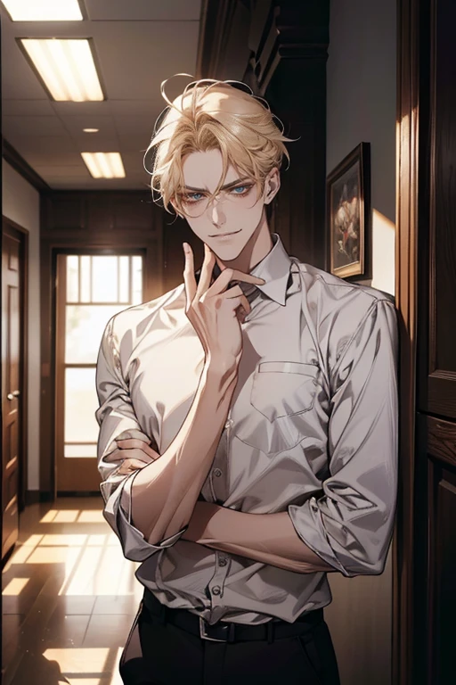 (tmasterpiece, high resolution, ultra - detailed:1.0), (1 boy, Young male, masculine face), Perfect male body, tall and strong, Adult male, Delicate eyes and delicate face, Extremely detailed CG, Unity 8k wallpaper, Complicated details, Detailed face, (blond hair, messy hair, serious faces, white shirts,Bad students), (frown,evil smile:1.3), stad in school corridor, street style, color difference, Depth of field, dramatic shadow, Ray tracing, Best quality, Cinematic lighting, offcial art,Portrait