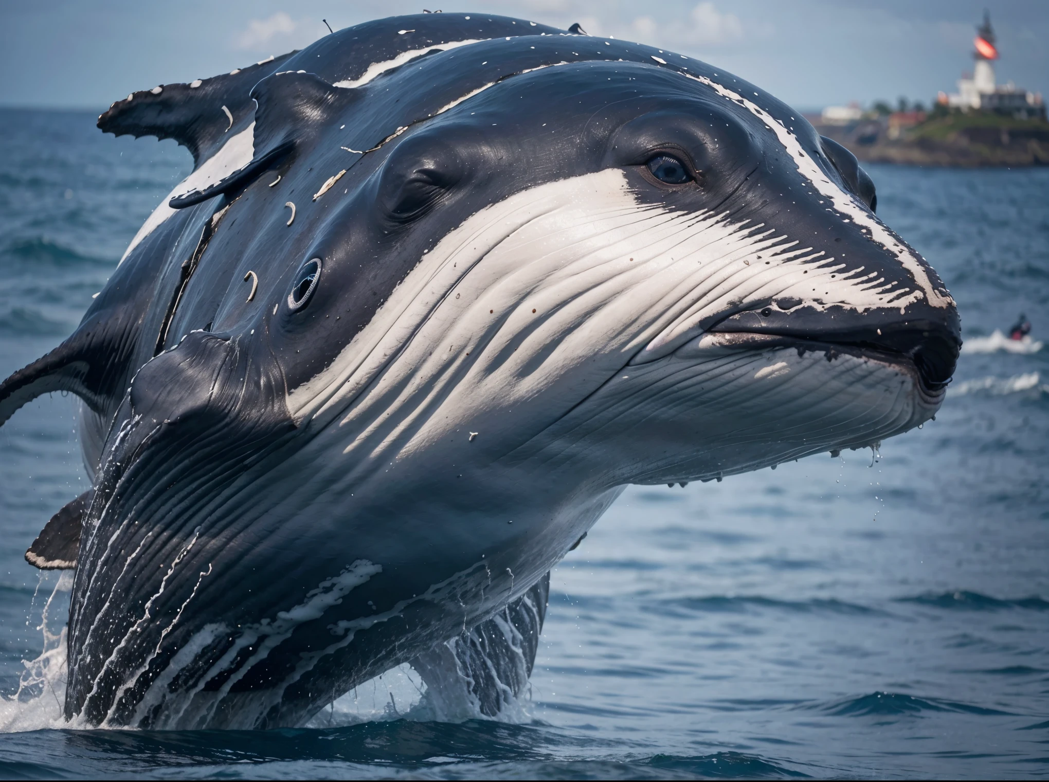 a whale with a sad facial expression because it eats rubbish thrown by humans in the ocean