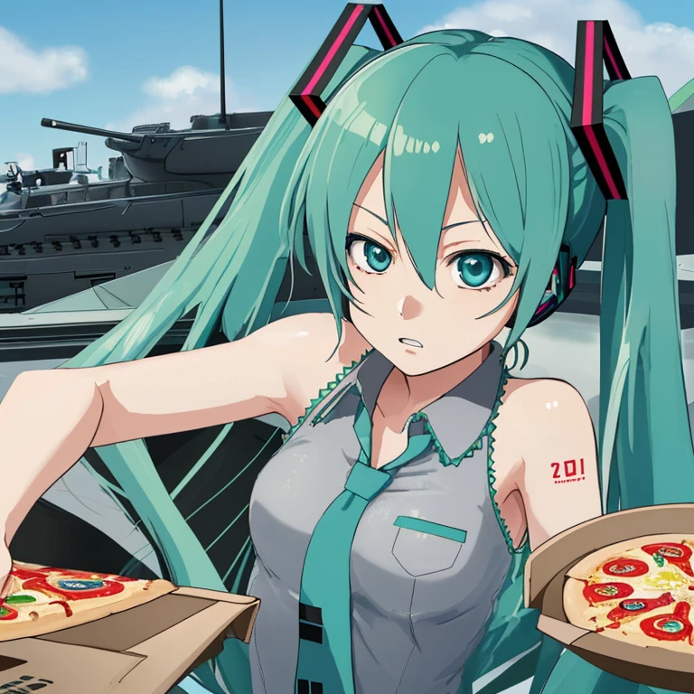 Hatsune Miku delivers pizza in a tank