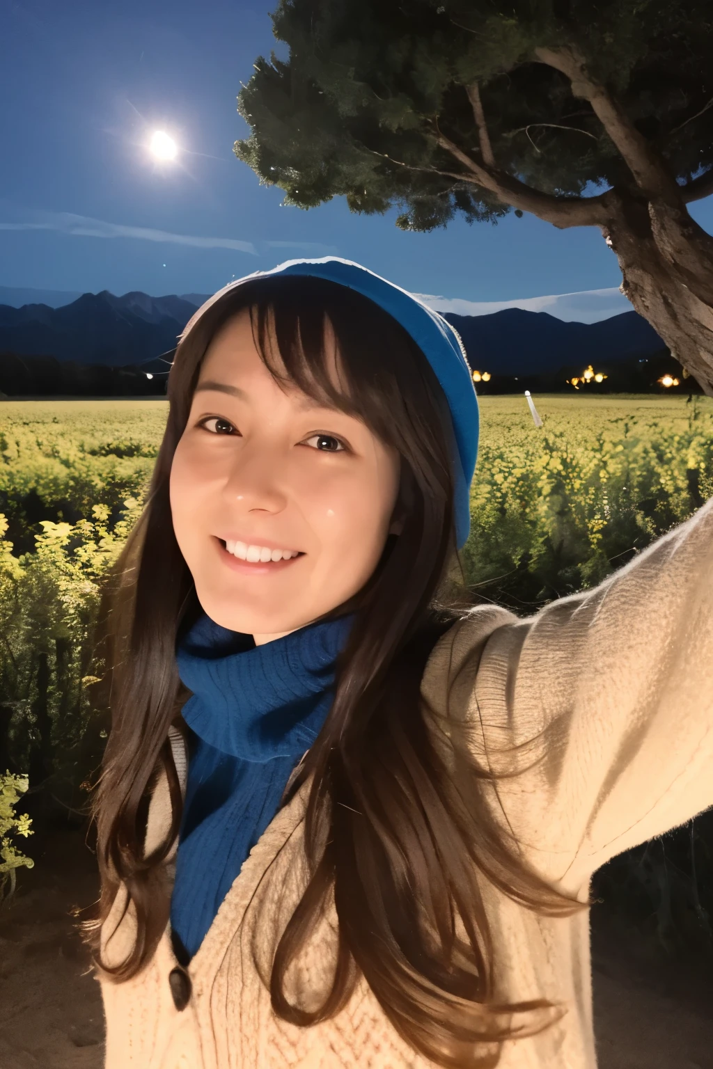 1 woman((upper body selfie, happy)), masterpiece, best quality, ultra-detailed, solo, Slender Japanese woman, 30 years old, outdoors, (night), mountains, nature, (stars, moon) cheerful, backpack, sleeping bag, camping stove, water bottle, mountain boots, gloves, sweater, hat, flashlight, forest, rocks, river, wood, smoke, shadows, contrast, clear sky, analog style (look at viewer:1.2) (skin texture) (film grain:1.3), (warm hue, warm tone) :1.2), close up, cinematic light, sidelighting, ultra high res, best shadow, RAW, wearing pullover