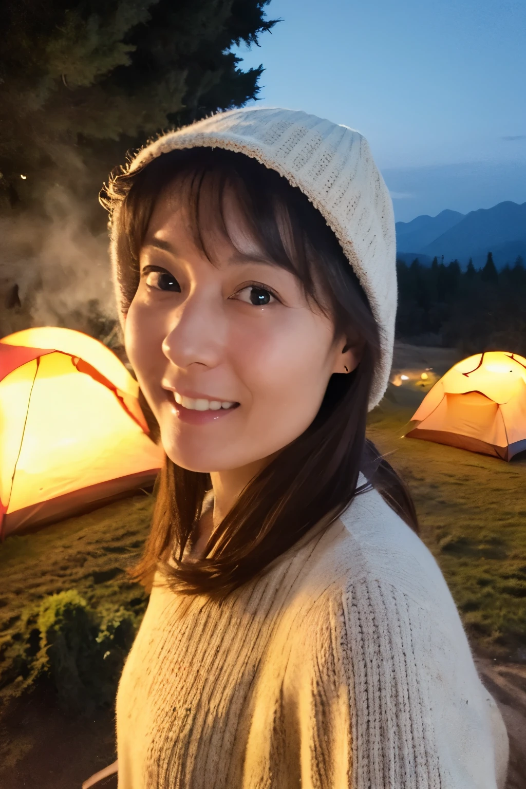 1 woman((upper body selfie, happy)), masterpiece, best quality, ultra-detailed, solo, Slender Japanese woman, 30 years old, outdoors, (night), mountains, nature, (stars, moon) cheerful, backpack, sleeping bag, camping stove, water bottle, mountain boots, gloves, sweater, hat, flashlight, forest, rocks, river, wood, smoke, shadows, contrast, clear sky, analog style (look at viewer:1.2) (skin texture) (film grain:1.3), (warm hue, warm tone) :1.2), close up, cinematic light, sidelighting, ultra high res, best shadow, RAW, wearing pullover