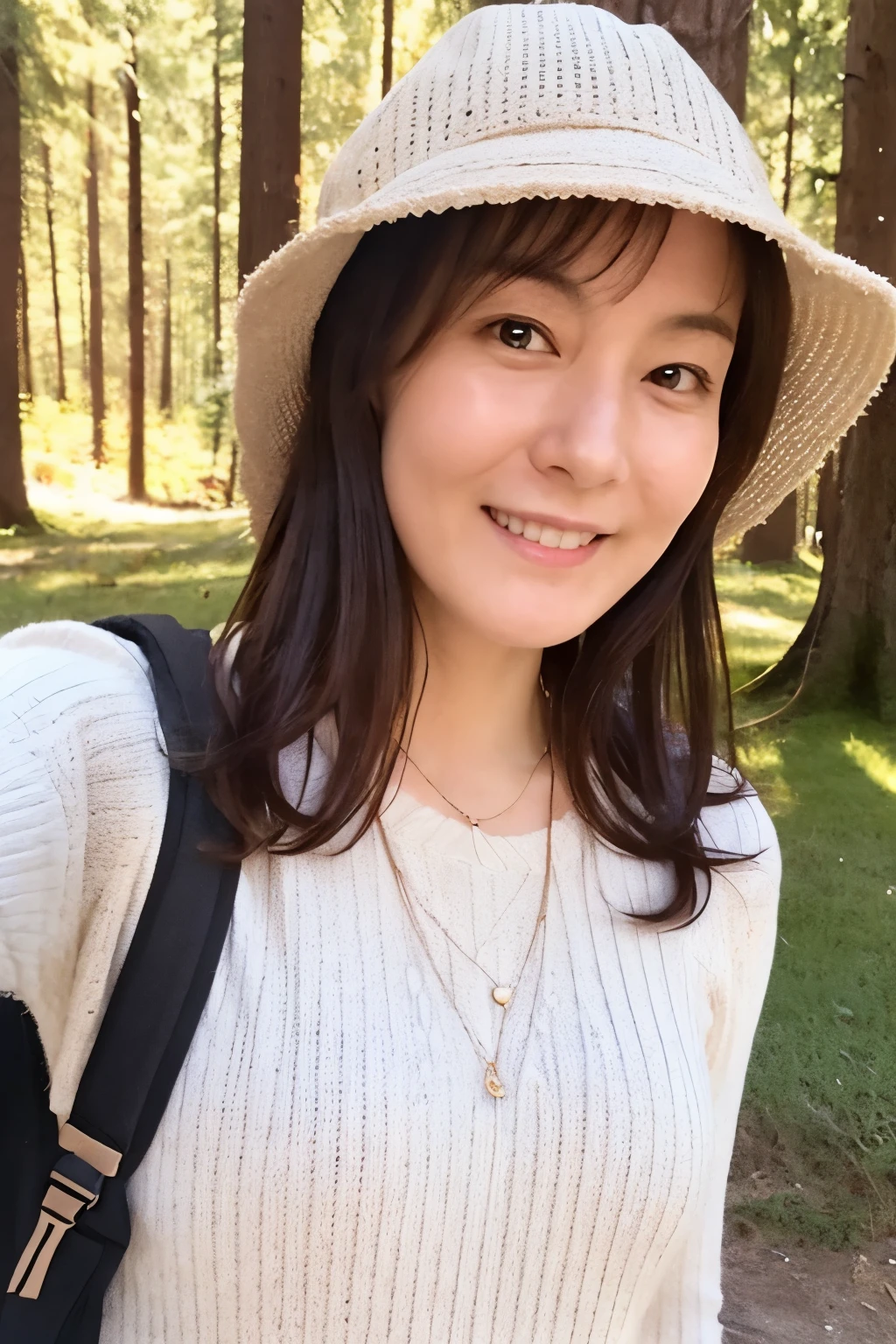 1 woman((upper body selfie, happy)), masterpiece, best quality, ultra-detailed, solo, Slender Japanese woman, 30 years old, outdoors, (night), mountains, nature, (stars, moon) cheerful, backpack, sleeping bag, camping stove, water bottle, mountain boots, gloves, sweater, hat, flashlight, forest, rocks, river, wood, smoke, shadows, contrast, clear sky, analog style (look at viewer:1.2) (skin texture) (film grain:1.3), (warm hue, warm tone) :1.2), close up, cinematic light, sidelighting, ultra high res, best shadow, RAW, wearing pullover