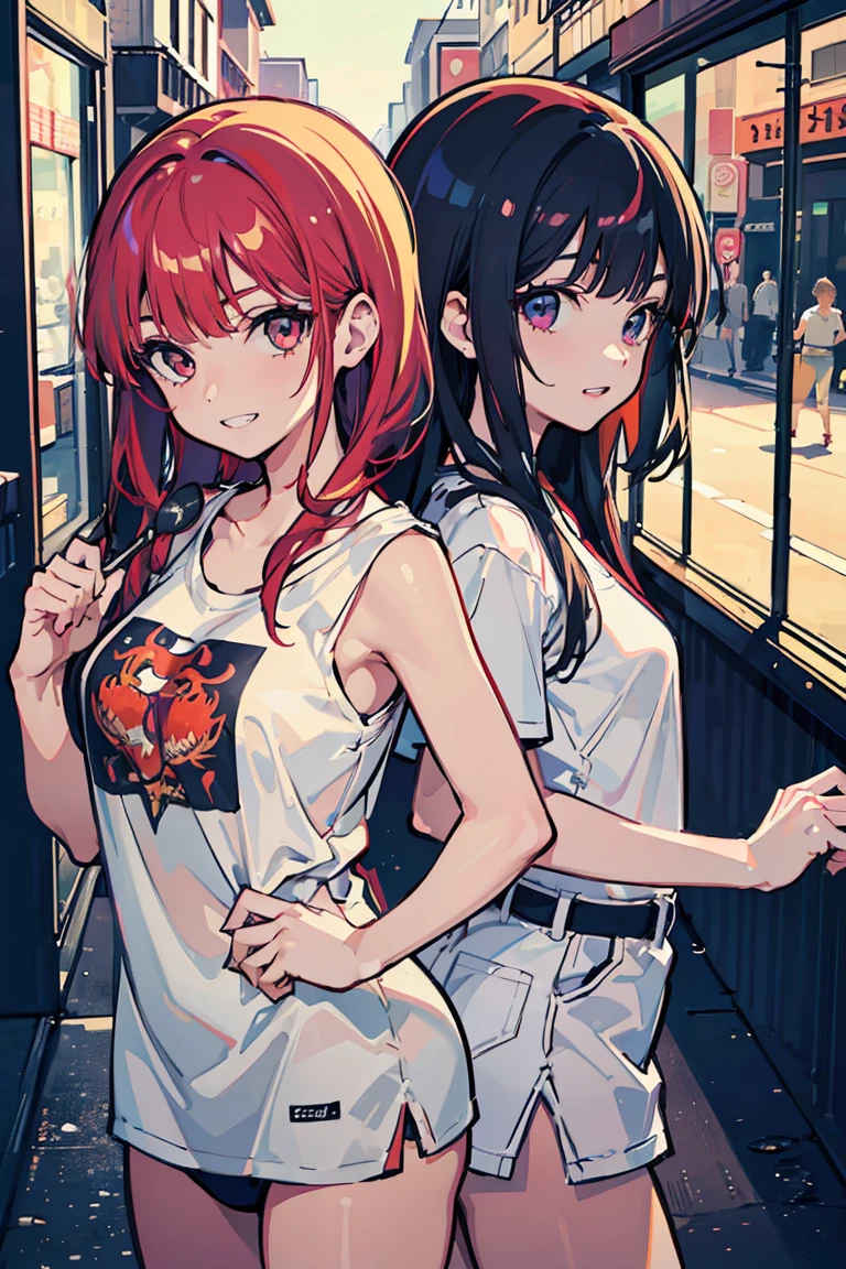 (1 girl), (Dragon), Dragon Horn, (super high quality), masterpiece, Cowboy Shot, burn, Deep red hair, Mid Cut, Casual Scene, Tense atmosphere, (martial arts), Street fashion, sun, Gives off warm tones, Street atmosphere, Perfect body, (E Cup:1.2), Grin, teeth, Fresh, (Asymmetrical bangs:1.3),Long Hair, Highly detailed face and eyes, Three white eyes, T-Shirts, (Exposing shoulders), Digital Art, beautiful, Cinema Lighting, By Yusuke Murata.tonality, Romanticism, modern art, Impressionism, reflected light, 8k, masterpiece, Advanced Details, highest quality, Accurate anatomy