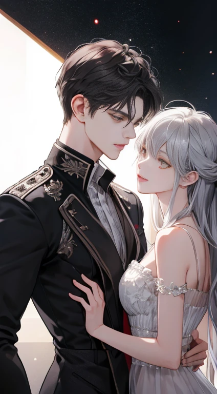 (extreamly delicate and beautiful:1.2), 8K, (tmasterpiece, best:1.0), Two male, One female, Upper body body, black-haired, silver hair, red dark hair, love triangle, 2 male 1 female - love triangle