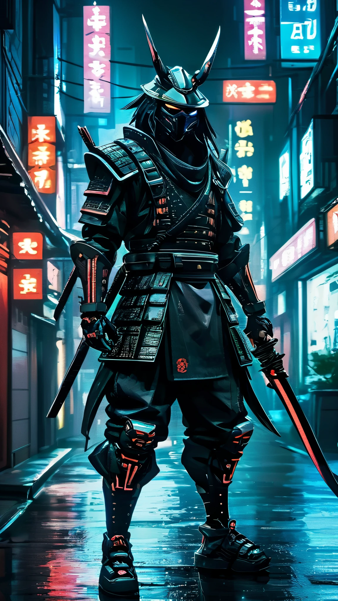 un hombre con armadura parado en una calle de la ciudad por la noche, very beautiful cyberpunk samurai, cyberpunk samurai, neon samurai, portrait of a cyberpunk samurai, samurai urbano, Traje de llama cyberpunk, armadura ciberpunk, Japanese cybernetic samurai armor, cyborg samurai, caballero ciberpunk, neon armor, wearing techwear and armor, cyber japan style armor, japan cyber armor, gladiador ciberpunk, intricate armadura ciberpunk