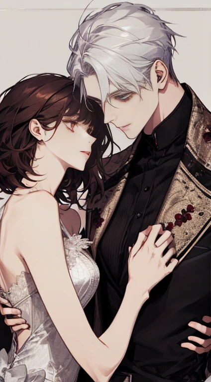(extreamly delicate and beautiful:1.2), 8K, (tmasterpiece, best:1.0), Two male, One female, Upper body body, black-haired, silver hair, red dark hair, love triangle, 2 male 1 female - love triangle