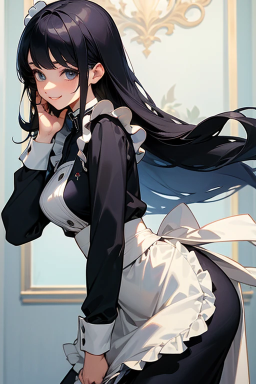 (Highest Resolution, clear_image) Highest quality, single, One Woman, alone, masterpiece, Very detailed, Semi-realistic, Black Hairのショートヘア, Black Hair, bangs, 18-year-old, mature, light blue uniform, uniform, Indoor Background, kind, Authoritative, Powerful, exquisite features, exquisite features、Eyelashes become longer、Showing teeth、smile😀、Maid clothes、reference、Put your hands on your hippie skirt、Upward glance、Boom in the ass、