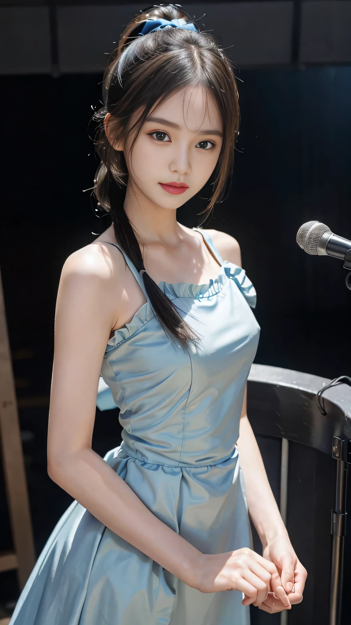 Close up face,standing on stage,Blue colored long dress with lots of ruffles,One woman,masutepiece, The highest image quality, High quality, the background is clear,Beautiful woman, Japanese, Detailed, Detailed eyes, Detailed skin, Beautiful skin, 超hight resolution, (reality: 1.4),Very beautiful woman, Slightly younger face, Beautiful skin, slender, (Ultra photo realsisim), (hight resolution), (8K), (Very detailed) (beautifully detailed eyes), (super detailed), (Detailed face), view the viewer, Fine details, Detailed face, Staring straight ahead, Staring straight ahead, photos realistic, Bright lighting, Professional Lighting, Black hair,poneyTail,a baby face,fifteen years old,Hairstyle: ponytail,Long ponytail hairstyle,slight smile,neat and tidy clothing,Beautiful Japanese KPOP idol photo, hair style is ponytail, my eyes are double and wide, baby face, smile and look straight ahead, slender, small breasts,Blue ribbon on head,Close up face,