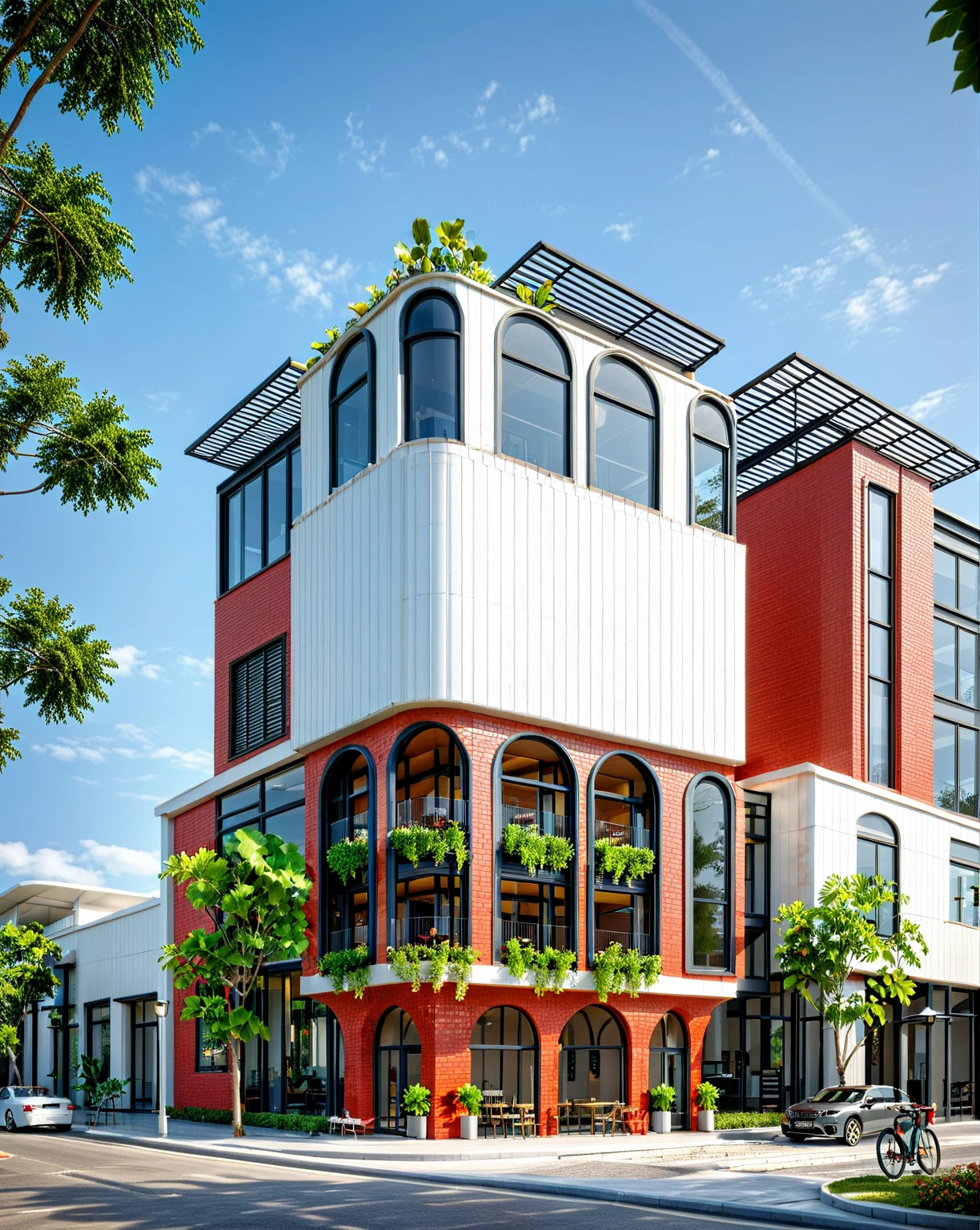 cafe with balcony and balcony above, mid view, artistic impression, actual building, by Sam Black, modern cafe as storefront, wide angle exterior 2022, rendering architecture, architectural images, realistic architecture, an architectural structure seen from the front, by Will Ellis, cafe combining red bricks and white walls, historic cafe Using sophisticated curves and complex structures, red glass bricks and white walls, combined with steel structures and aluminum facades.