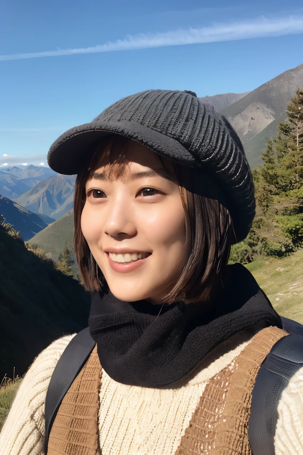 1 woman, ((upper body selfie, happy)), masterpiece, best quality, ultra-detailed, solo, Slender Japanese woman, 30 years old, outdoors, (night), mountains, nature, (stars, moon) cheerful, backpack, sleeping bag, camping stove, water bottle, mountain boots, gloves, sweater, hat, flashlight, forest, rocks, river, wood, smoke, shadows, contrast, clear sky, analog style (look at viewer:1.2) (skin texture) (film grain:1.3), (warm hue, warm tone) :1.2), close up, cinematic light, sidelighting, ultra high res, best shadow, RAW, wearing pullover