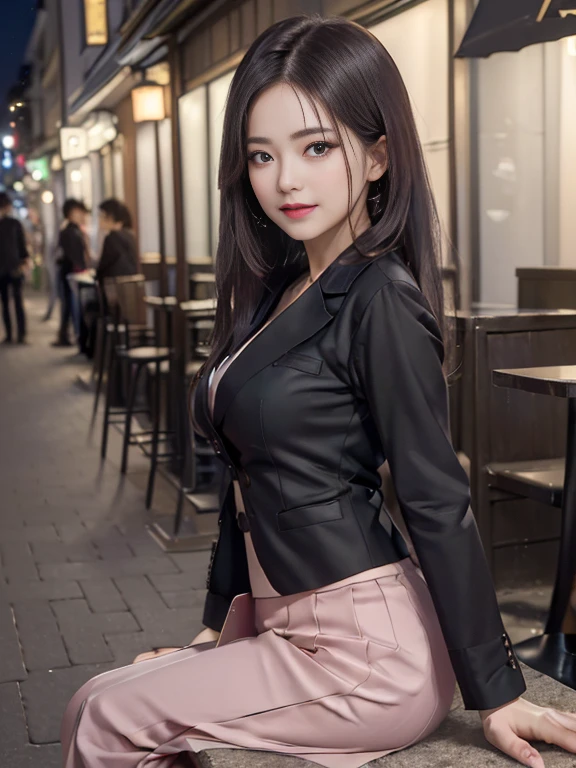 ((Best Quality, 8K, Masterpiece: 1.3)), Super Cute Beautiful Woman, 1 Girl, (Beautiful Breasts:1.3), (Abs, Slender Figure: 1.1), Sharp Focus, (((Intricate Details)), High Detail, Upper Body, One Girl, Black Straight Hair with bangs, Japan  Uniform, White collard shirt, red blazer, white Pleats Skirt, knee-length skirt, 8K, 8K Resolution, clean detailed face, Detailed Body, Detailed Clothes, Sharp Images, Japan Anime Concept Art, trending on Pixiv, looking the viewer, facing the viewer, seductive model pose, seductive smile, pink lipstick, bokeh, field of depth, 8 life size, 8k resolution, upper body image, shot on EOS 5D Mark IV, 35mm lens, f1.8, from side, night Paris Cafe background,