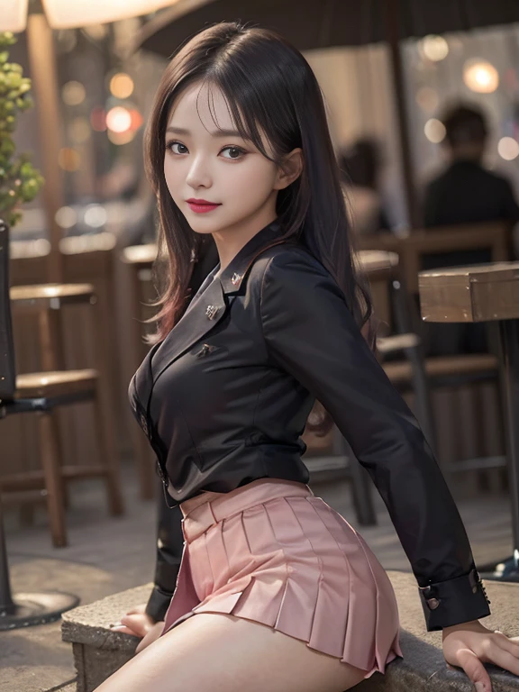 ((Best Quality, 8K, Masterpiece: 1.3)), Super Cute Beautiful Woman, 1 Girl, (Beautiful Breasts:1.3), (Abs, Slender Figure: 1.1), Sharp Focus, (((Intricate Details)), High Detail, Upper Body, One Girl, Black Straight Hair with bangs, Japan  Uniform, White collard shirt, red blazer, white Pleats Skirt, knee-length skirt, 8K, 8K Resolution, clean detailed face, Detailed Body, Detailed Clothes, Sharp Images, Japan Anime Concept Art, trending on Pixiv, looking the viewer, facing the viewer, seductive model pose, seductive smile, pink lipstick, bokeh, field of depth, 8 life size, 8k resolution, upper body image, shot on EOS 5D Mark IV, 35mm lens, f1.8, from side, night Paris Cafe background,