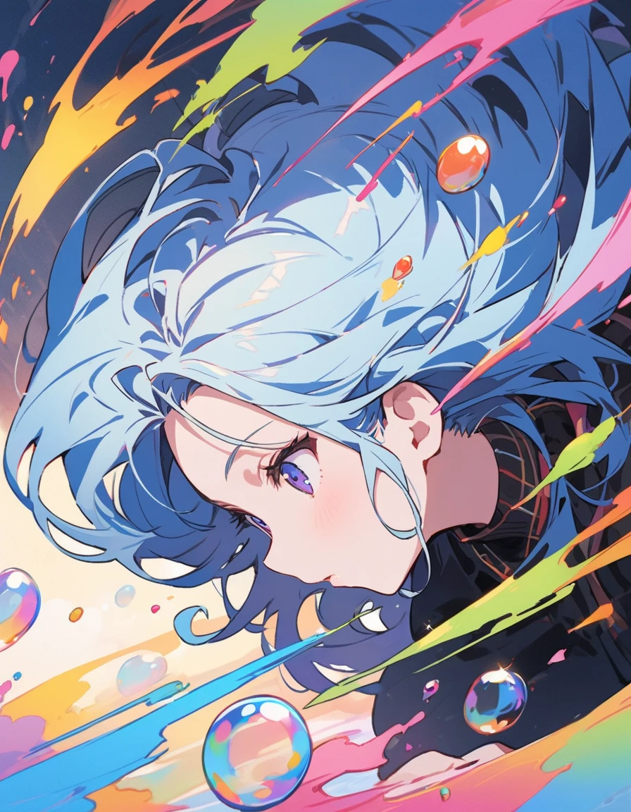 (highest quality、masterpiece、High resolution、detailed)、Anime Style、Flat Style、(Shine目、detailed美しい顔), BREAK,1 girl、(Semi-long hair、Light blue hair、Random pink mesh)、Casual Coordination、floating, (High saturation), (Colorful Splash), Colorful bubbles, (Shine), Focus on the face,extremely detailed、floating, (High saturation),(The Shining), Best lighting, Best Shadow、Peck finger, ((masterpiece)), highest quality, One girl, eye shadow, Full Body,Dynamic Angle、 Portraiture,
