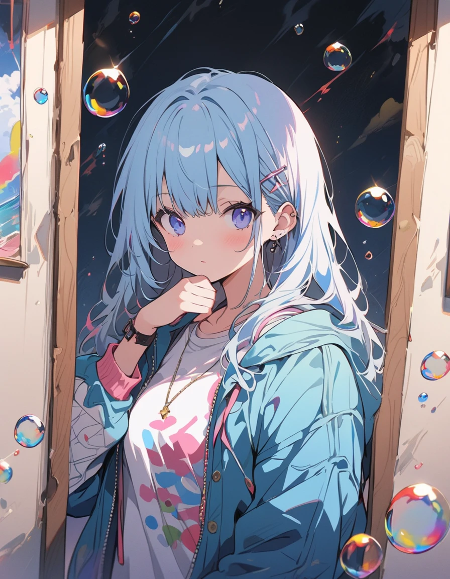 (highest quality、masterpiece、High resolution、detailed)、Anime Style、Flat Style、(Shine目、detailed美しい顔), BREAK,1 girl、(Semi-long hair、Light blue hair、Random pink mesh)、Casual Coordination、floating, (High saturation), (Colorful Splash), Colorful bubbles, (Shine), Focus on the face,extremely detailed、floating, (High saturation),(The Shining), Best lighting, Best Shadow、Peck finger, ((masterpiece)), highest quality, One girl, eye shadow, Full Body,Dynamic Angle、 Portraiture,
