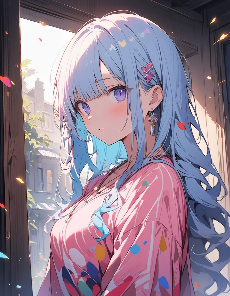 (highest quality、masterpiece、High resolution、detailed)、Anime Style、Flat Style、(Shine目、detailed美しい顔), BREAK,1 girl、(Semi-long hair、Light blue hair、Random pink mesh)、Casual Coordination、floating, (High saturation), (Colorful Splash), Colorful bubbles, (Shine), Focus on the face,extremely detailed、floating, (High saturation),(The Shining), Best lighting, Best Shadow、Peck finger, ((masterpiece)), highest quality, One girl, eye shadow, Full Body,Dynamic Angle、 Portraiture,