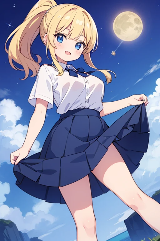 Naughty woman 、16 years old、Blonde ponytail、plump breasts、slender、Wearing a uniform, Navy Blue Skirt, Long skirt, Short sleeve shirt、White shirt,anime, Twinkle smile, pale blue eyes,Lift up your shirt yourself