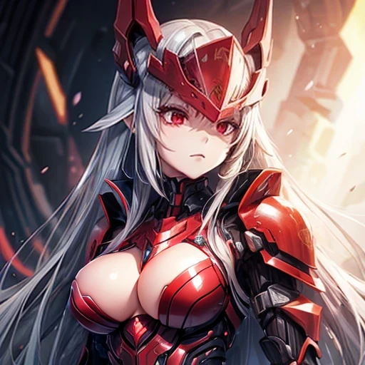 Long Hair Cyber-style female robot in red armor Big Breasts Upper Body