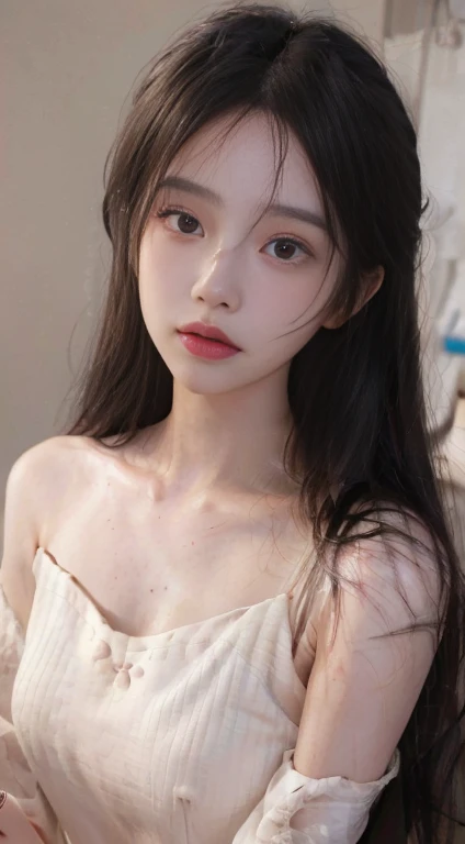 film portrait photography, 1girl, bare shoulders, wavy shoulder-length hair, serene, calm, (realistic detailed eyes, natural skin texture, realistic face details), soft dramatic lighting, depth of field, bokeh, vibrant details, finely detailed, hyperrealistic, 35mm film, hazy blur