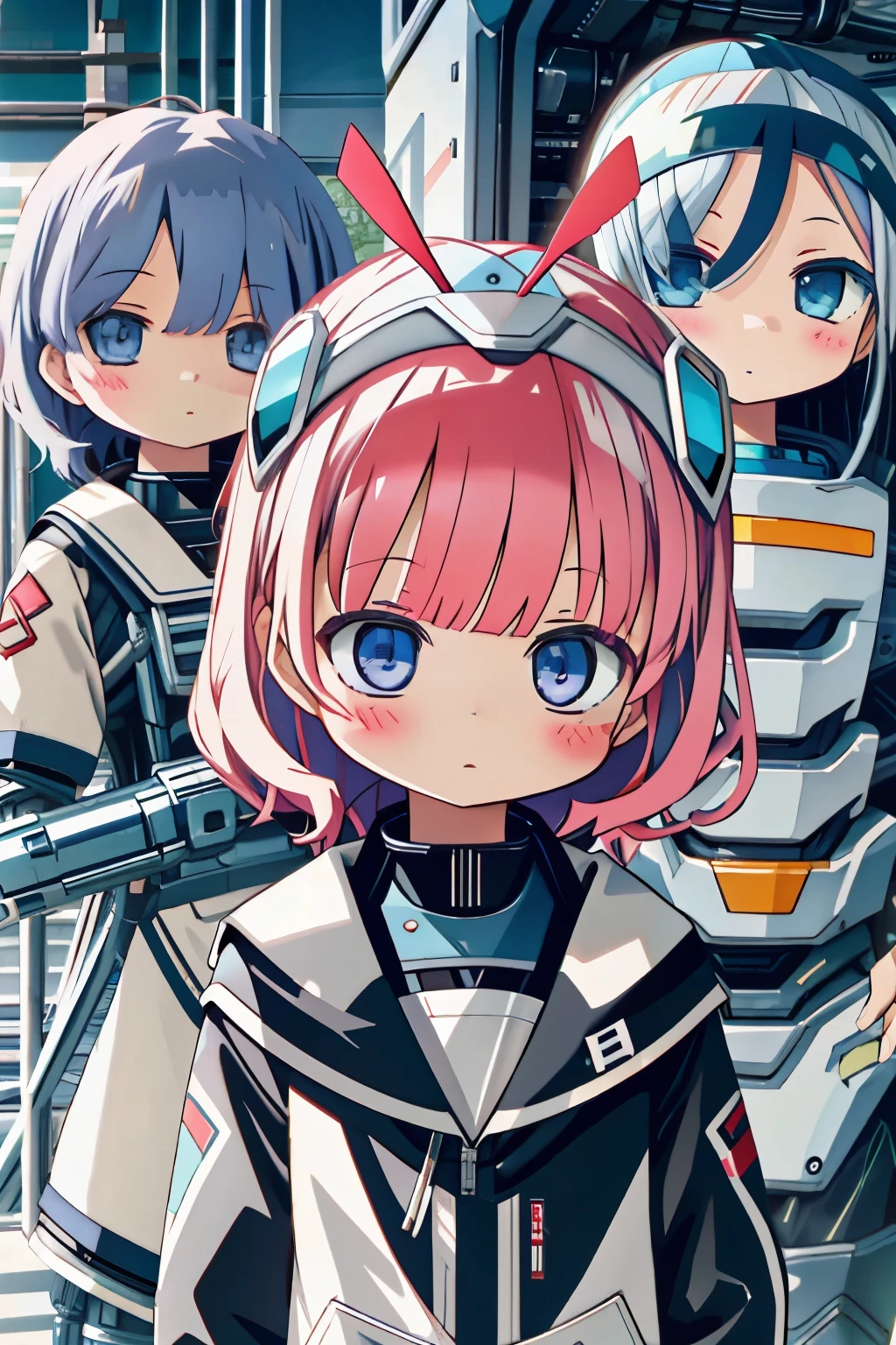 Girl and robot collaboration photo、comical、A butterfly lands on the robot's head、The girl who saw it laughed.