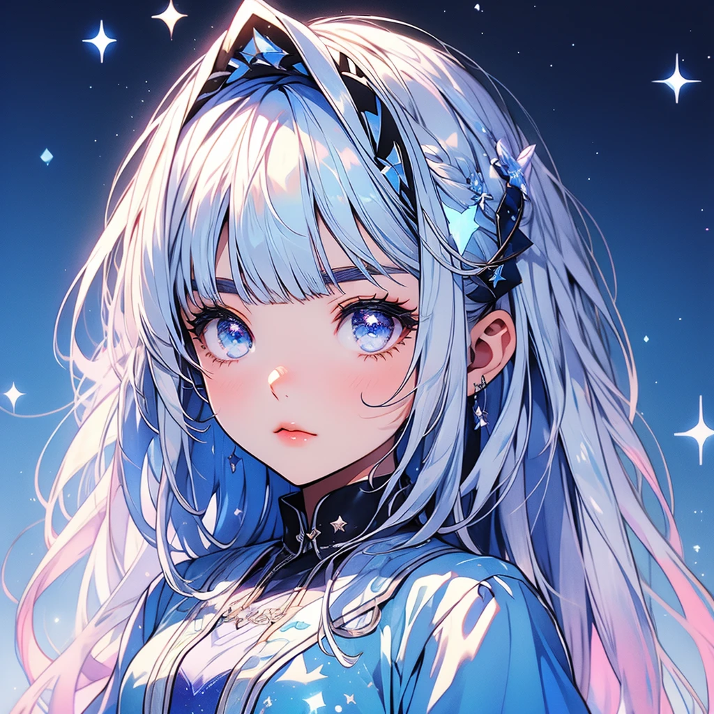 Star Fairy、glow hair 、Vtuber half、Bangs shorter than eyebrows Aster Piece、highest quality、Best illustration、Super fine、Upper Body、solo、1 girl、looking at the camera、upright、Arms at your sides、Beautiful delicate eyes、Concept Art、More frontal、White background、Simple Background、Droopy and large eyes、Ultra-fine mesh、Sparkling Eye Silky White and Blue Gradient Long Hair、Short sleeve、Watercolor pencil、Kind Face、Virtual YouTuber、