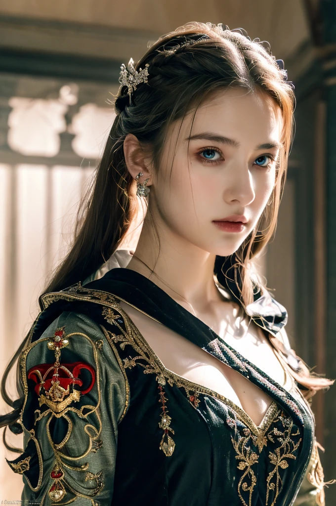 ( masterpiece, top quality, best quality,8k,************ girl,ultra detailed,raw photo:1.5),(photorealistic:1.4),(cinematic lighting), PerfectNwsjMajic, , Surrealism, UHD, ccurate, Super detail, textured skin, High detail, Best quality, dynamic angle, (high nose,White skin),[Beautiful blue eyes],[flat chest:large breasts:0.5],(1girl),(good anatomy:0.5)), of a woman in a dress with a sword, a beautiful fantasy empress, ((a beautiful fantasy empress)), beautiful fantasy maiden